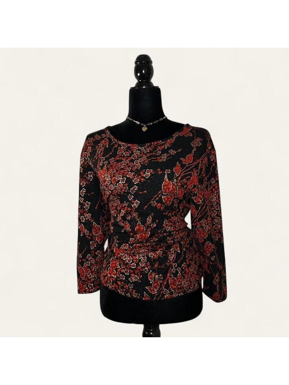 Black And Red Floral Print 3/4 Sleeve Top Slightly Sheer Soft Stretch Fit